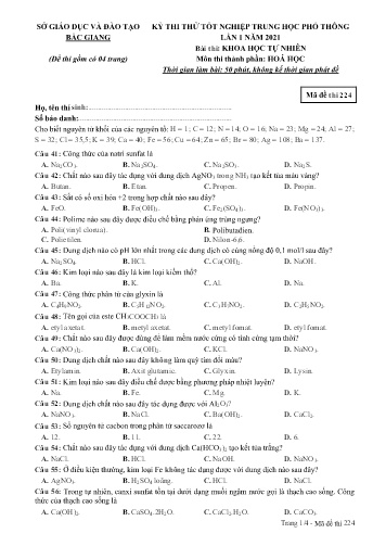 Đề thi thử tốt nghiệp THPT Hóa học (Lần 1) - Mã đề 224 - Năm học 2020-2021 - Sở GD&ĐT Bắc Giang