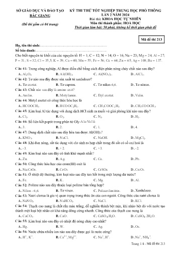 Đề thi thử tốt nghiệp THPT Hóa học (Lần 2) - Mã đề 213 - Năm học 2023-2024 - Sở GD&ĐT Bắc Giang (Có đáp án)
