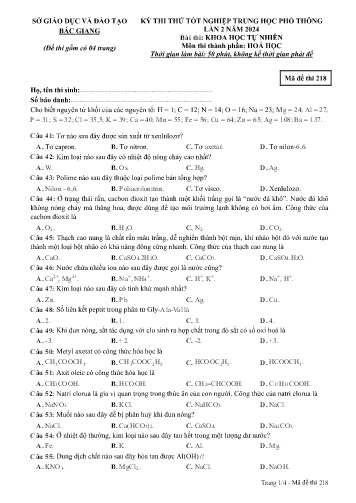 Đề thi thử tốt nghiệp THPT Hóa học (Lần 2) - Mã đề 218 - Năm học 2023-2024 - Sở GD&ĐT Bắc Giang (Có đáp án)