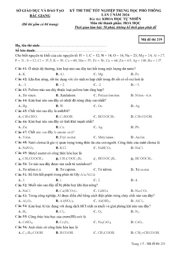 Đề thi thử tốt nghiệp THPT Hóa học (Lần 2) - Mã đề 219 - Năm học 2023-2024 - Sở GD&ĐT Bắc Giang (Có đáp án)