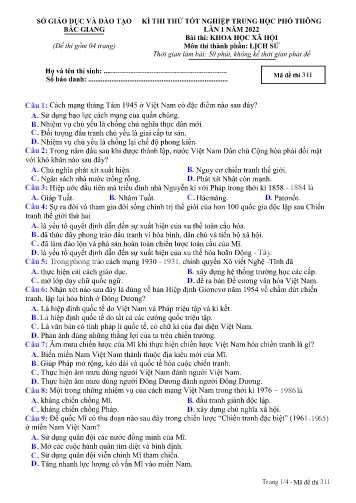 Đề thi thử tốt nghiệp THPT Lịch sử (Lần 2) - Mã đề 311 - Năm học 2021-2022 - Sở GD&ĐT Bắc Giang (Có đáp án)