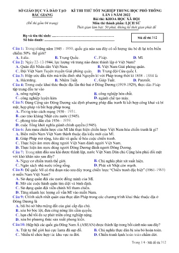 Đề thi thử tốt nghiệp THPT Lịch sử (Lần 2) - Mã đề 312 - Năm học 2021-2022 - Sở GD&ĐT Bắc Giang (Có đáp án)