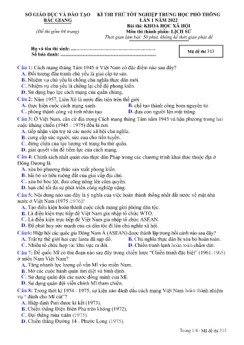Đề thi thử tốt nghiệp THPT Lịch sử (Lần 2) - Mã đề 313 - Năm học 2021-2022 - Sở GD&ĐT Bắc Giang (Có đáp án)