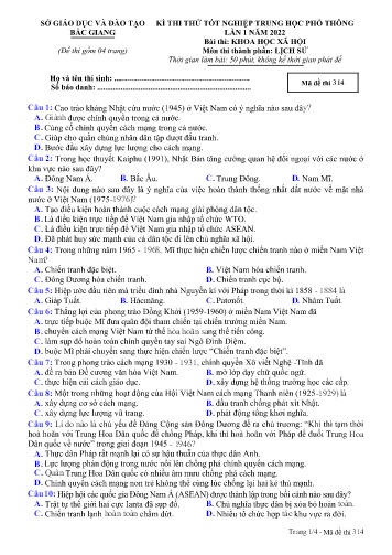 Đề thi thử tốt nghiệp THPT Lịch sử (Lần 2) - Mã đề 314 - Năm học 2021-2022 - Sở GD&ĐT Bắc Giang (Có đáp án)