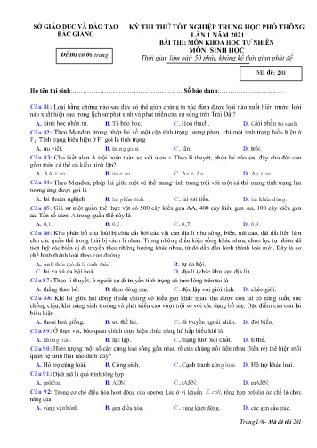 Đề thi thử tốt nghiệp THPT Sinh học (Lần 1) - Mã đề 201 - Năm học 2020-2021 - Sở GD&ĐT Bắc Giang (Có đáp án)