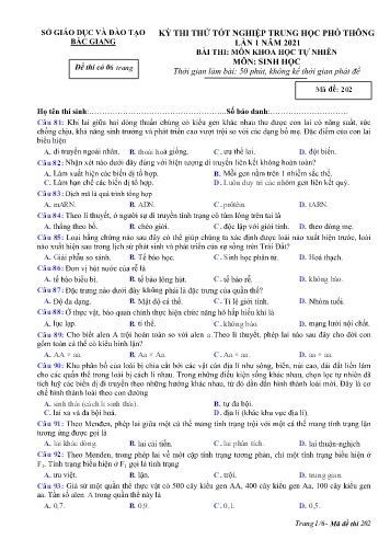 Đề thi thử tốt nghiệp THPT Sinh học (Lần 1) - Mã đề 202 - Năm học 2020-2021 - Sở GD&ĐT Bắc Giang (Có đáp án)