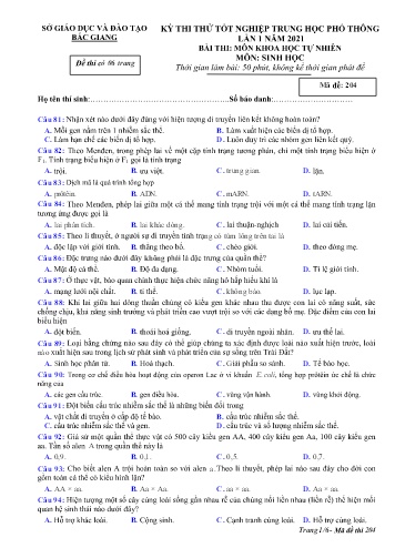Đề thi thử tốt nghiệp THPT Sinh học (Lần 1) - Mã đề 204 - Năm học 2020-2021 - Sở GD&ĐT Bắc Giang (Có đáp án)
