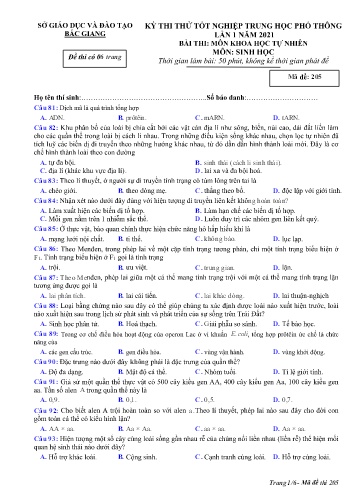 Đề thi thử tốt nghiệp THPT Sinh học (Lần 1) - Mã đề 205 - Năm học 2020-2021 - Sở GD&ĐT Bắc Giang (Có đáp án)