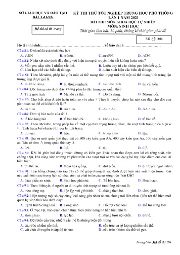 Đề thi thử tốt nghiệp THPT Sinh học (Lần 1) - Mã đề 206 - Năm học 2020-2021 - Sở GD&ĐT Bắc Giang (Có đáp án)