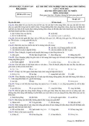 Đề thi thử tốt nghiệp THPT Sinh học (Lần 1) - Mã đề 207 - Năm học 2020-2021 - Sở GD&ĐT Bắc Giang (Có đáp án)