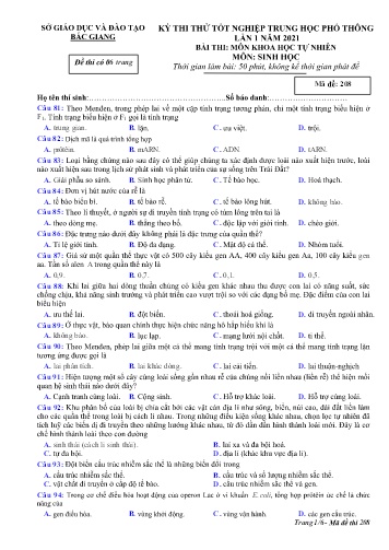Đề thi thử tốt nghiệp THPT Sinh học (Lần 1) - Mã đề 208 - Năm học 2020-2021 - Sở GD&ĐT Bắc Giang (Có đáp án)