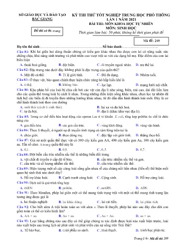 Đề thi thử tốt nghiệp THPT Sinh học (Lần 1) - Mã đề 209 - Năm học 2020-2021 - Sở GD&ĐT Bắc Giang (Có đáp án)