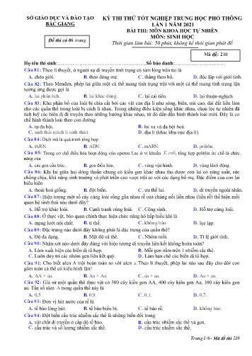 Đề thi thử tốt nghiệp THPT Sinh học (Lần 1) - Mã đề 210 - Năm học 2020-2021 - Sở GD&ĐT Bắc Giang (Có đáp án)