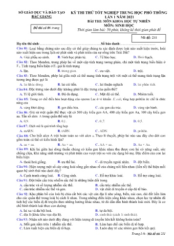 Đề thi thử tốt nghiệp THPT Sinh học (Lần 1) - Mã đề 211 - Năm học 2020-2021 - Sở GD&ĐT Bắc Giang (Có đáp án)