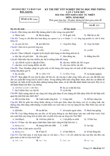 Đề thi thử tốt nghiệp THPT Sinh học (Lần 1) - Mã đề 213 - Năm học 2020-2021 - Sở GD&ĐT Bắc Giang (Có đáp án)