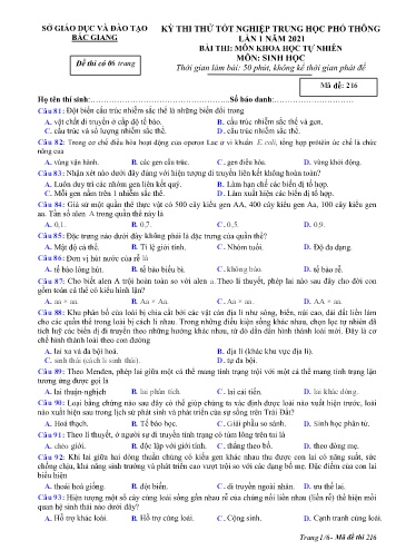 Đề thi thử tốt nghiệp THPT Sinh học (Lần 1) - Mã đề 216 - Năm học 2020-2021 - Sở GD&ĐT Bắc Giang (Có đáp án)