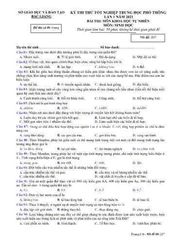 Đề thi thử tốt nghiệp THPT Sinh học (Lần 1) - Mã đề 217 - Năm học 2020-2021 - Sở GD&ĐT Bắc Giang (Có đáp án)