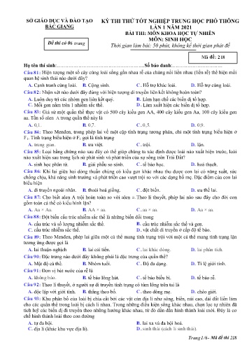 Đề thi thử tốt nghiệp THPT Sinh học (Lần 1) - Mã đề 218 - Năm học 2020-2021 - Sở GD&ĐT Bắc Giang (Có đáp án)
