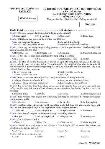 Đề thi thử tốt nghiệp THPT Sinh học (Lần 1) - Mã đề 219 - Năm học 2020-2021 - Sở GD&ĐT Bắc Giang (Có đáp án)