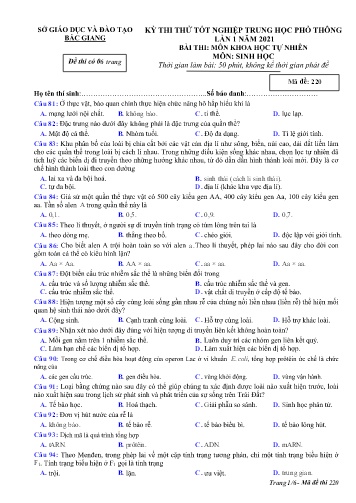 Đề thi thử tốt nghiệp THPT Sinh học (Lần 1) - Mã đề 220 - Năm học 2020-2021 - Sở GD&ĐT Bắc Giang (Có đáp án)
