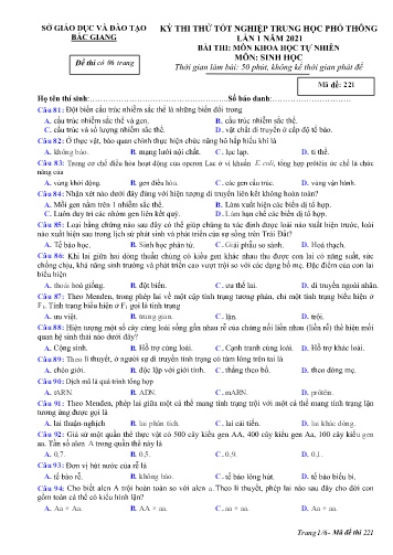 Đề thi thử tốt nghiệp THPT Sinh học (Lần 1) - Mã đề 221 - Năm học 2020-2021 - Sở GD&ĐT Bắc Giang (Có đáp án)