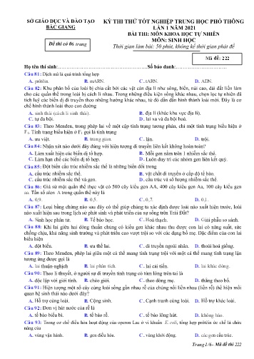 Đề thi thử tốt nghiệp THPT Sinh học (Lần 1) - Mã đề 222 - Năm học 2020-2021 - Sở GD&ĐT Bắc Giang (Có đáp án)
