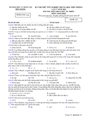 Đề thi thử tốt nghiệp THPT Sinh học (Lần 1) - Mã đề 223 - Năm học 2020-2021 - Sở GD&ĐT Bắc Giang (Có đáp án)