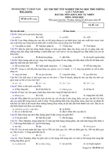 Đề thi thử tốt nghiệp THPT Sinh học (Lần 1) - Mã đề 224 - Năm học 2020-2021 - Sở GD&ĐT Bắc Giang (Có đáp án)