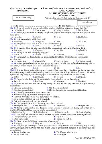 Đề thi thử tốt nghiệp THPT Sinh học (Lần 2) - Mã đề 211 - Năm học 2023-2024 - Sở GD&ĐT Bắc Giang (Có đáp án)