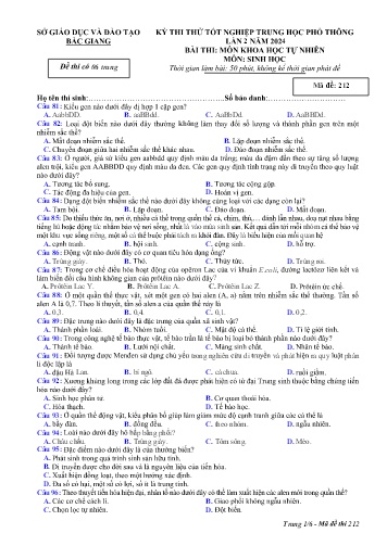 Đề thi thử tốt nghiệp THPT Sinh học (Lần 2) - Mã đề 212 - Năm học 2023-2024 - Sở GD&ĐT Bắc Giang (Có đáp án)