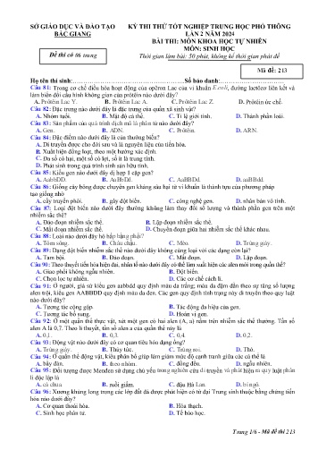 Đề thi thử tốt nghiệp THPT Sinh học (Lần 2) - Mã đề 213 - Năm học 2023-2024 - Sở GD&ĐT Bắc Giang (Có đáp án)