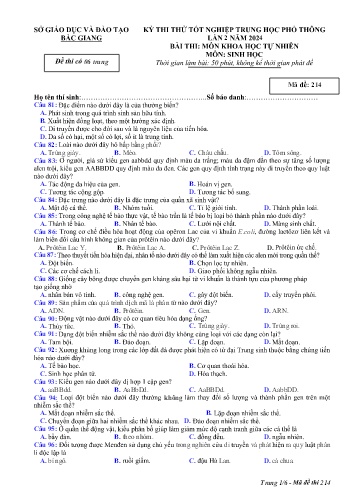 Đề thi thử tốt nghiệp THPT Sinh học (Lần 2) - Mã đề 214 - Năm học 2023-2024 - Sở GD&ĐT Bắc Giang (Có đáp án)