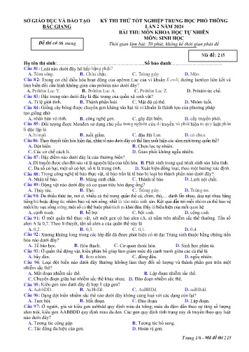 Đề thi thử tốt nghiệp THPT Sinh học (Lần 2) - Mã đề 215 - Năm học 2023-2024 - Sở GD&ĐT Bắc Giang (Có đáp án)