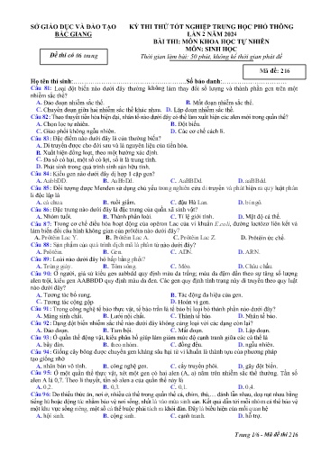 Đề thi thử tốt nghiệp THPT Sinh học (Lần 2) - Mã đề 216 - Năm học 2023-2024 - Sở GD&ĐT Bắc Giang (Có đáp án)