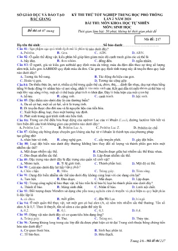 Đề thi thử tốt nghiệp THPT Sinh học (Lần 2) - Mã đề 217 - Năm học 2023-2024 - Sở GD&ĐT Bắc Giang (Có đáp án)