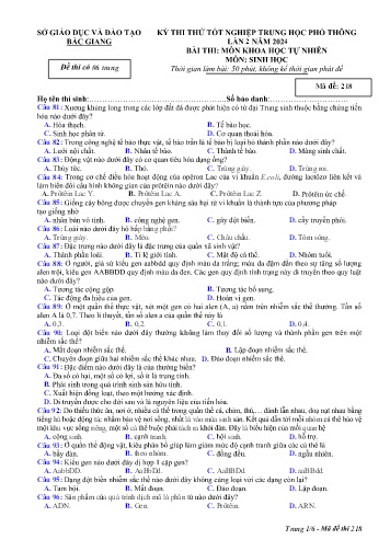 Đề thi thử tốt nghiệp THPT Sinh học (Lần 2) - Mã đề 218 - Năm học 2023-2024 - Sở GD&ĐT Bắc Giang (Có đáp án)