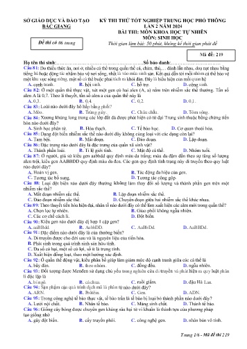 Đề thi thử tốt nghiệp THPT Sinh học (Lần 2) - Mã đề 219 - Năm học 2023-2024 - Sở GD&ĐT Bắc Giang (Có đáp án)