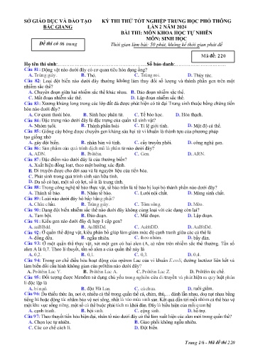 Đề thi thử tốt nghiệp THPT Sinh học (Lần 2) - Mã đề 220 - Năm học 2023-2024 - Sở GD&ĐT Bắc Giang (Có đáp án)