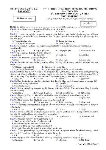 Đề thi thử tốt nghiệp THPT Sinh học (Lần 2) - Mã đề 221 - Năm học 2023-2024 - Sở GD&ĐT Bắc Giang (Có đáp án)