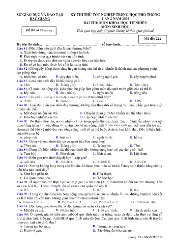 Đề thi thử tốt nghiệp THPT Sinh học (Lần 2) - Mã đề 222 - Năm học 2023-2024 - Sở GD&ĐT Bắc Giang (Có đáp án)