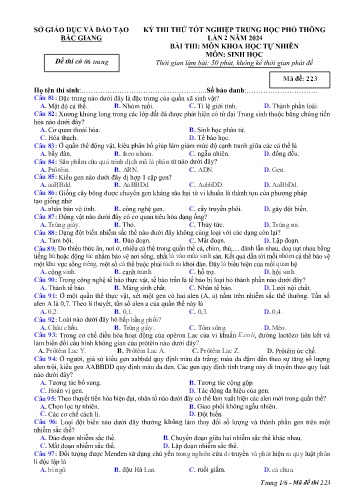 Đề thi thử tốt nghiệp THPT Sinh học (Lần 2) - Mã đề 223 - Năm học 2023-2024 - Sở GD&ĐT Bắc Giang (Có đáp án)