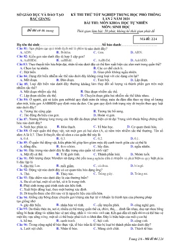 Đề thi thử tốt nghiệp THPT Sinh học (Lần 2) - Mã đề 224 - Năm học 2023-2024 - Sở GD&ĐT Bắc Giang (Có đáp án)