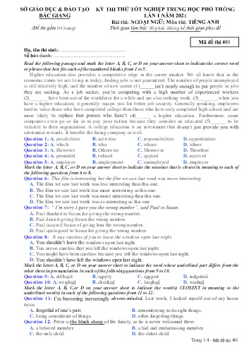 Đề thi thử tốt nghiệp THPT Tiếng Anh (Lần 1) - Mã đề 401 - Năm học 2020-2021 - Sở GD&ĐT Bắc Giang (Có đáp án)