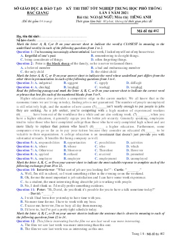 Đề thi thử tốt nghiệp THPT Tiếng Anh (Lần 1) - Mã đề 402 - Năm học 2020-2021 - Sở GD&ĐT Bắc Giang (Có đáp án)