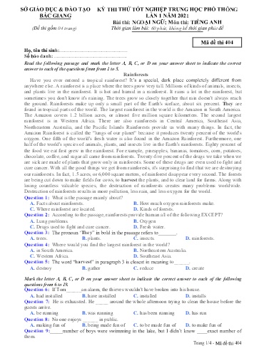 Đề thi thử tốt nghiệp THPT Tiếng Anh (Lần 1) - Mã đề 404 - Năm học 2020-2021 - Sở GD&ĐT Bắc Giang (Có đáp án)