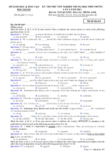 Đề thi thử tốt nghiệp THPT Tiếng Anh (Lần 1) - Mã đề 405 - Năm học 2020-2021 - Sở GD&ĐT Bắc Giang (Có đáp án)