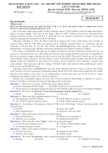 Đề thi thử tốt nghiệp THPT Tiếng Anh (Lần 1) - Mã đề 406 - Năm học 2020-2021 - Sở GD&ĐT Bắc Giang (Có đáp án)