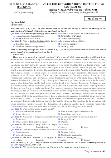 Đề thi thử tốt nghiệp THPT Tiếng Anh (Lần 1) - Mã đề 407 - Năm học 2020-2021 - Sở GD&ĐT Bắc Giang (Có đáp án)