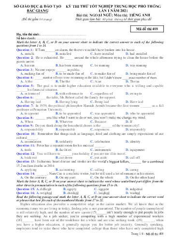Đề thi thử tốt nghiệp THPT Tiếng Anh (Lần 1) - Mã đề 408 - Năm học 2020-2021 - Sở GD&ĐT Bắc Giang (Có đáp án)