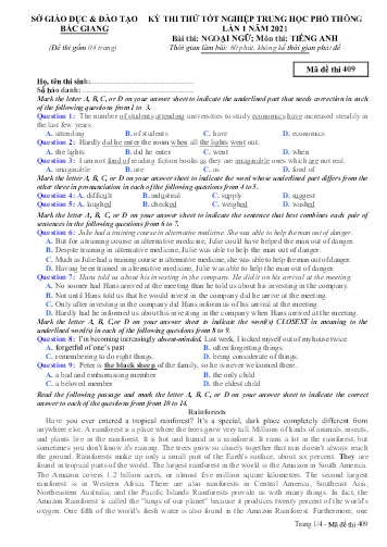 Đề thi thử tốt nghiệp THPT Tiếng Anh (Lần 1) - Mã đề 409 - Năm học 2020-2021 - Sở GD&ĐT Bắc Giang (Có đáp án)
